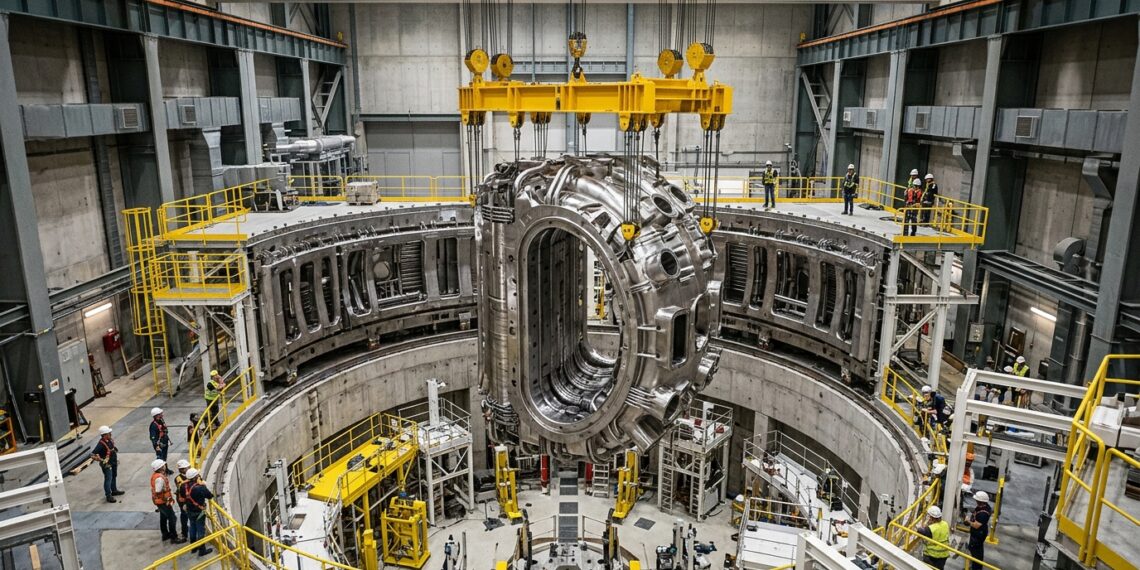 Módulo de 1.100 toneladas suspenso sobre o poço do reator ITER.
