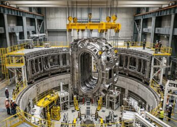 Módulo de 1.100 toneladas suspenso sobre o poço do reator ITER.