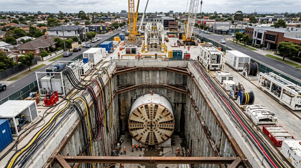 Escudo frontal de tuneladora é instalado em um poço menor que a máquina completa.