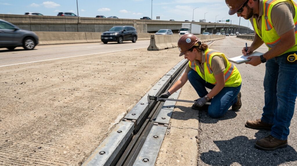 Engenheiros medem a abertura de uma junta de dilatação em uma ponte durante um dia quente.
