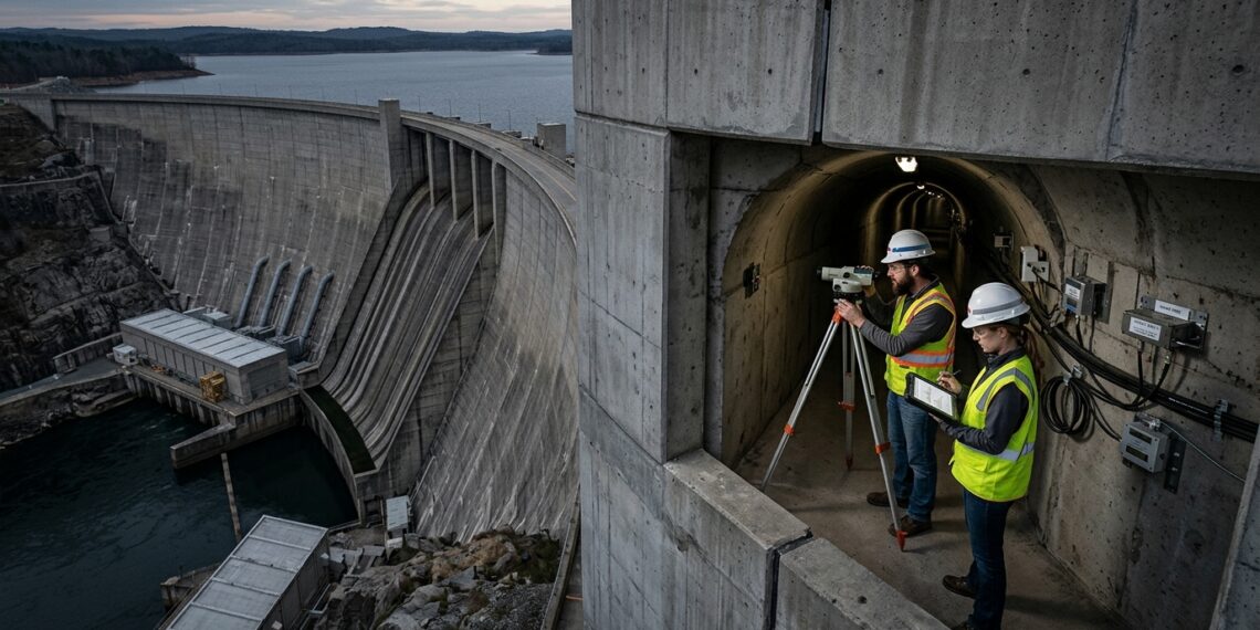 Grande barragem de concreto com corte mostrando engenheiros monitorando instrumentos em galerias internas.