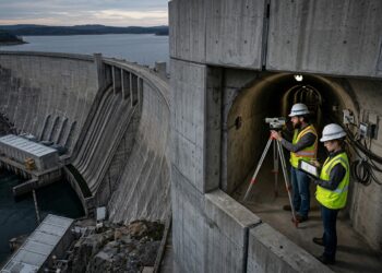 Grande barragem de concreto com corte mostrando engenheiros monitorando instrumentos em galerias internas.