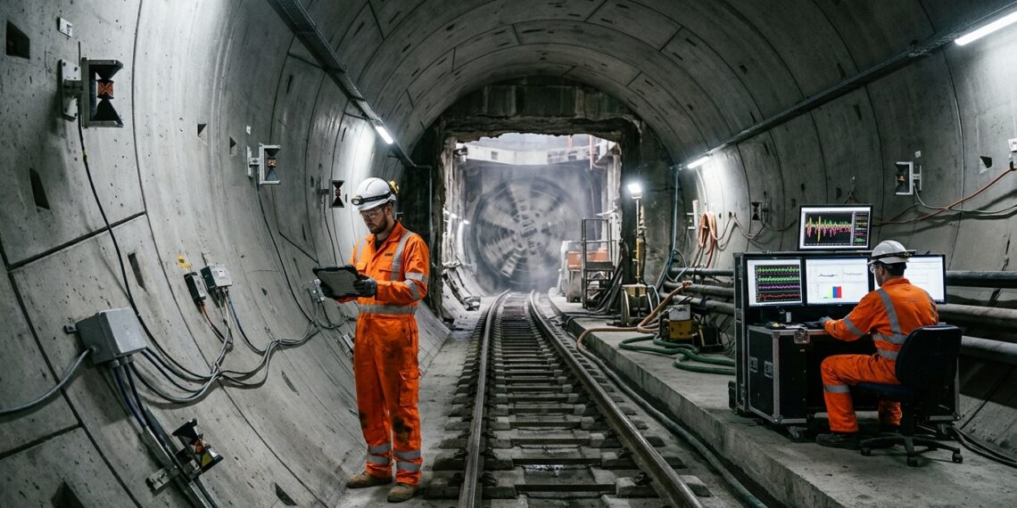 Corte subterrâneo mostra uma grande tuneladora passando poucos metros abaixo de um túnel de metrô existente.