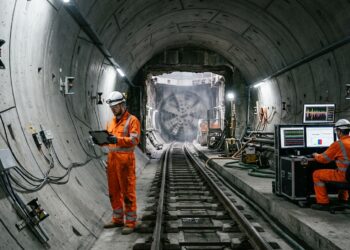 Corte subterrâneo mostra uma grande tuneladora passando poucos metros abaixo de um túnel de metrô existente.