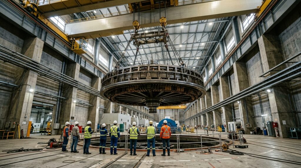 Rotor é baixado cuidadosamente no centro do estator de um gerador hidrelétrico.