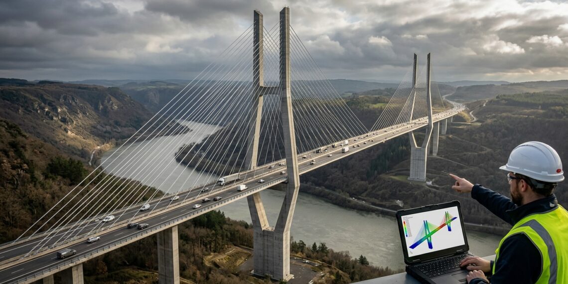Ponte estaiada de grande vão apresenta pequenas deformações enquanto engenheiros analisam o movimento da estrutura.