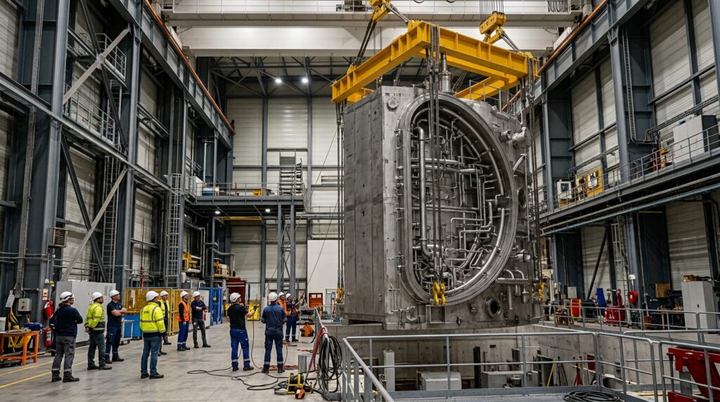 Técnicos observam enorme módulo do ITER suspenso no salão de montagem.