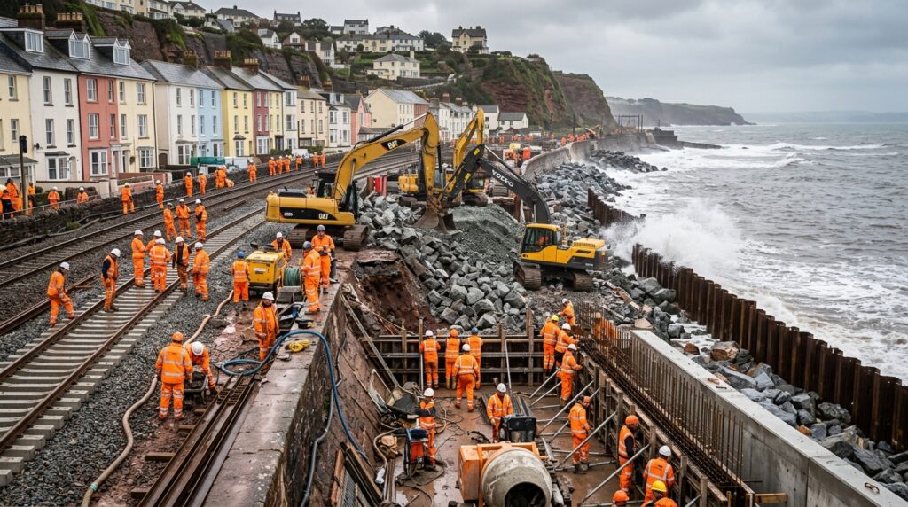 Equipes trabalham na reconstrução da ferrovia de Dawlish entre os trilhos e o litoral britânico.