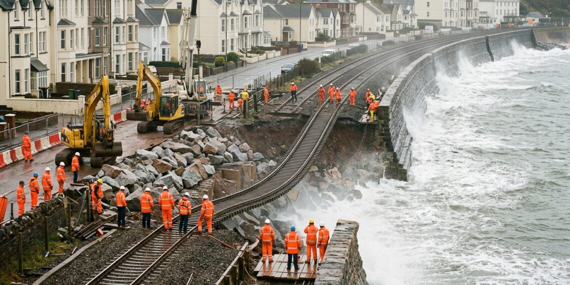 Trilhos ficam suspensos após o mar destruir parte da ferrovia costeira de Dawlish, na Inglaterra.