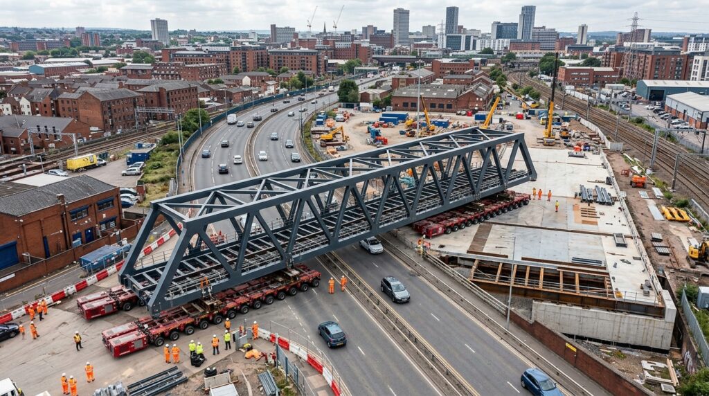 Ponte de 1.631 toneladas é girada por transportadores modulares em Birmingham.