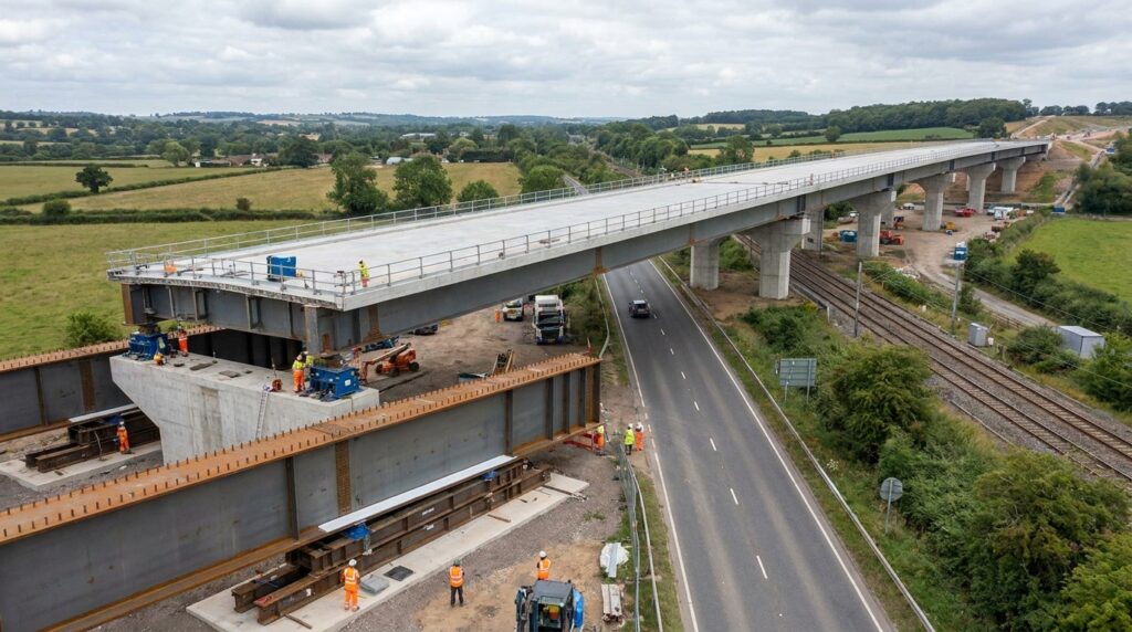 Viaduto de 4.500 toneladas desliza sobre apoios de baixo atrito.