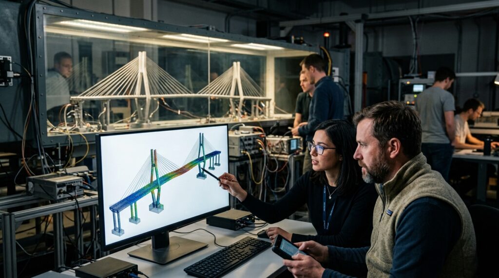 Engenheiros analisam um modelo tridimensional de ponte e uma maquete submetida a ensaio em túnel de vento.