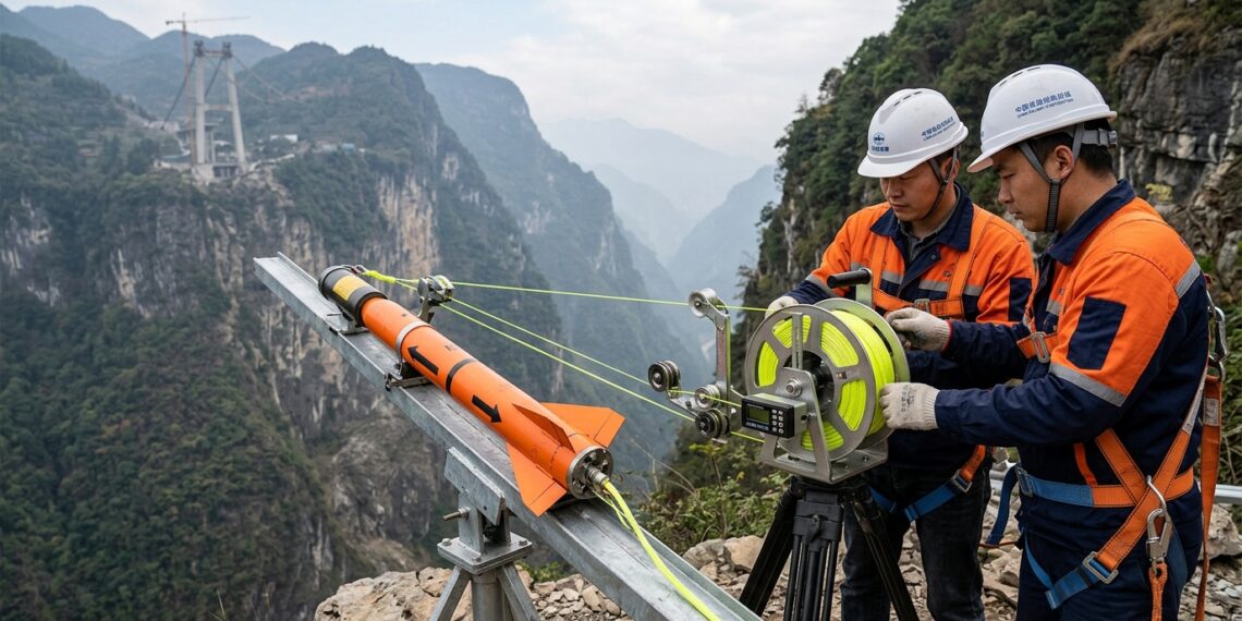 Foguete lança um cabo piloto entre as encostas do cânion durante a construção da Ponte do Rio Sidu, na China.