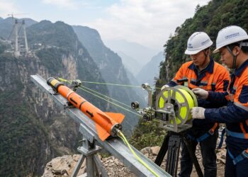 Foguete lança um cabo piloto entre as encostas do cânion durante a construção da Ponte do Rio Sidu, na China.