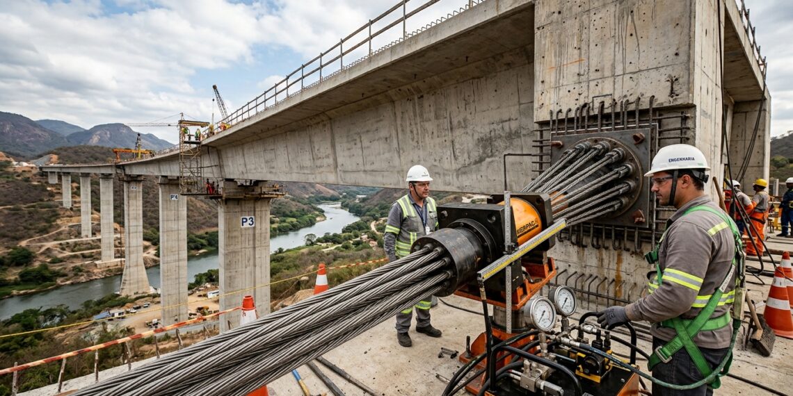 Macaco hidráulico tensiona cordoalhas de aço instaladas dentro de uma viga de concreto de uma ponte.