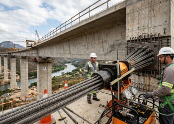 Macaco hidráulico tensiona cordoalhas de aço instaladas dentro de uma viga de concreto de uma ponte.