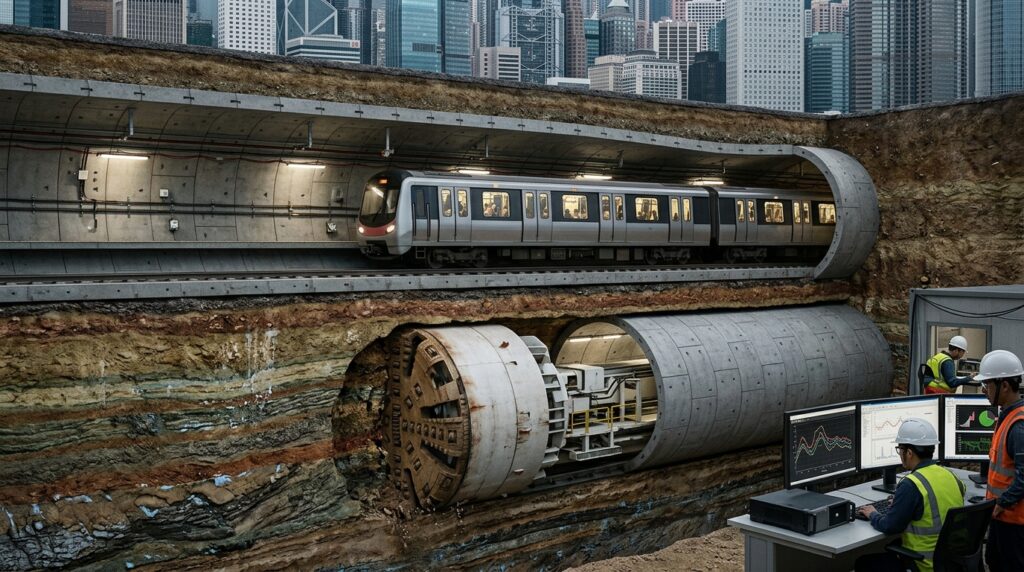 Tuneladora escava uma nova galeria abaixo de um túnel existente enquanto sensores monitoram possíveis deformações na estrutura superior.