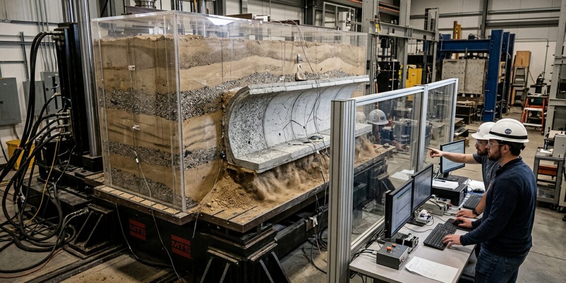 Modelo de túnel com concreto reforçado por fibras plásticas é submetido a tremores em uma mesa vibratória.