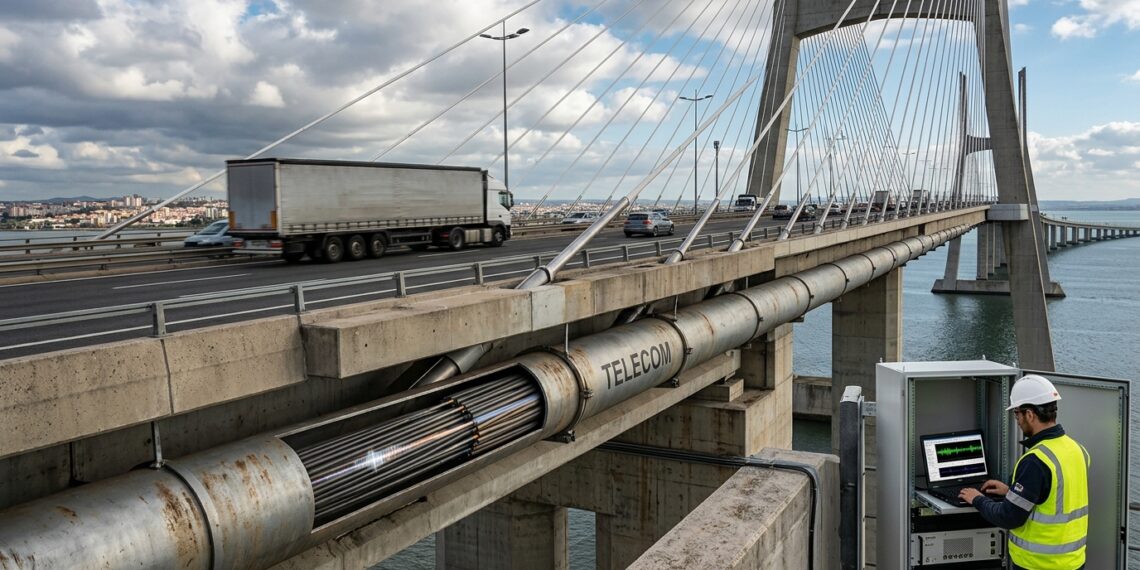 Cabo de fibra óptica instalado sob uma ponte é usado para detectar vibrações provocadas pela passagem de veículos.