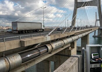 Cabo de fibra óptica instalado sob uma ponte é usado para detectar vibrações provocadas pela passagem de veículos.