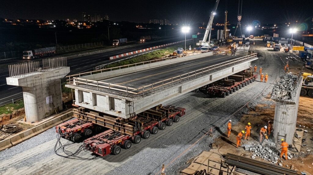 Dezenas de eixos hidráulicos de transportadores modulares sustentam um enorme tabuleiro de concreto durante a movimentação.