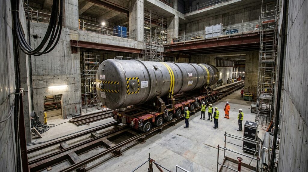 Equipamento nuclear de 520 toneladas é transportado horizontalmente no prédio.