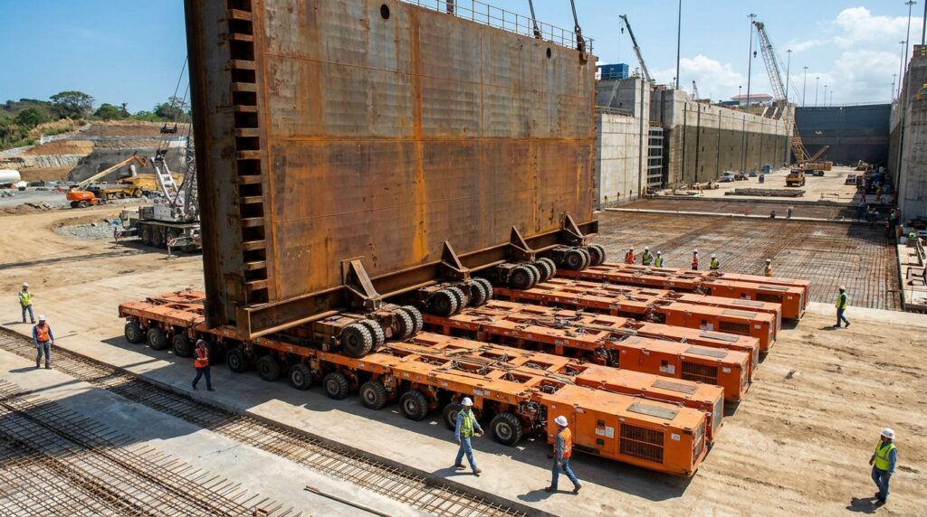 Rodas e suspensão hidráulica de transportador modular sustentam uma carga pesada.