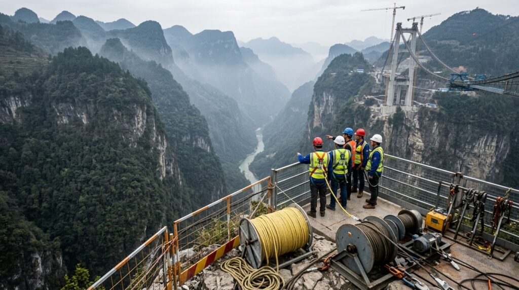 Engenheiros observam o profundo cânion do Rio Sidu durante a construção da ponte entre as duas encostas.
