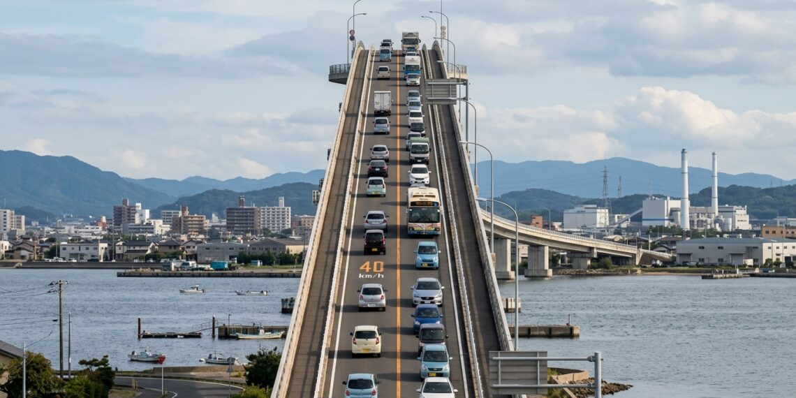 Ponte Eshima Ohashi vista de longe parece muito mais inclinada do que sua rampa realmente é.