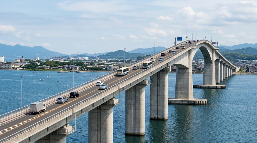 Vista lateral da Eshima Ohashi mostra a rampa real de 6,1%, equivalente a aproximadamente 3,49 graus.