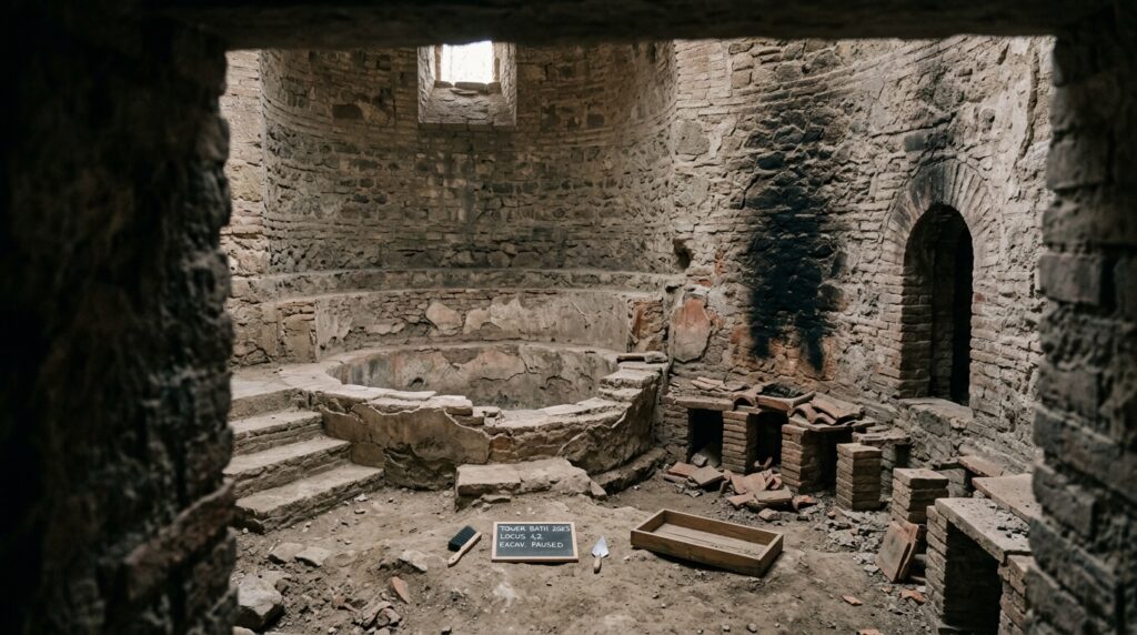 Banho romano com piso aquecido dentro de uma torre