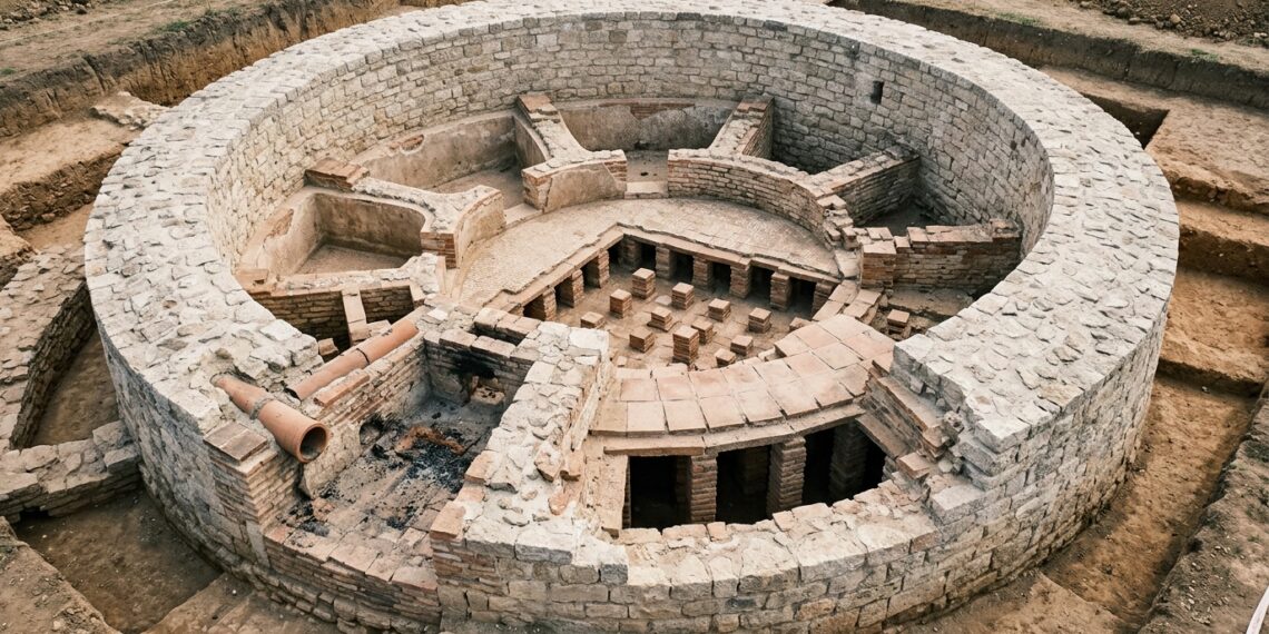 Banho romano com piso aquecido dentro de uma torre