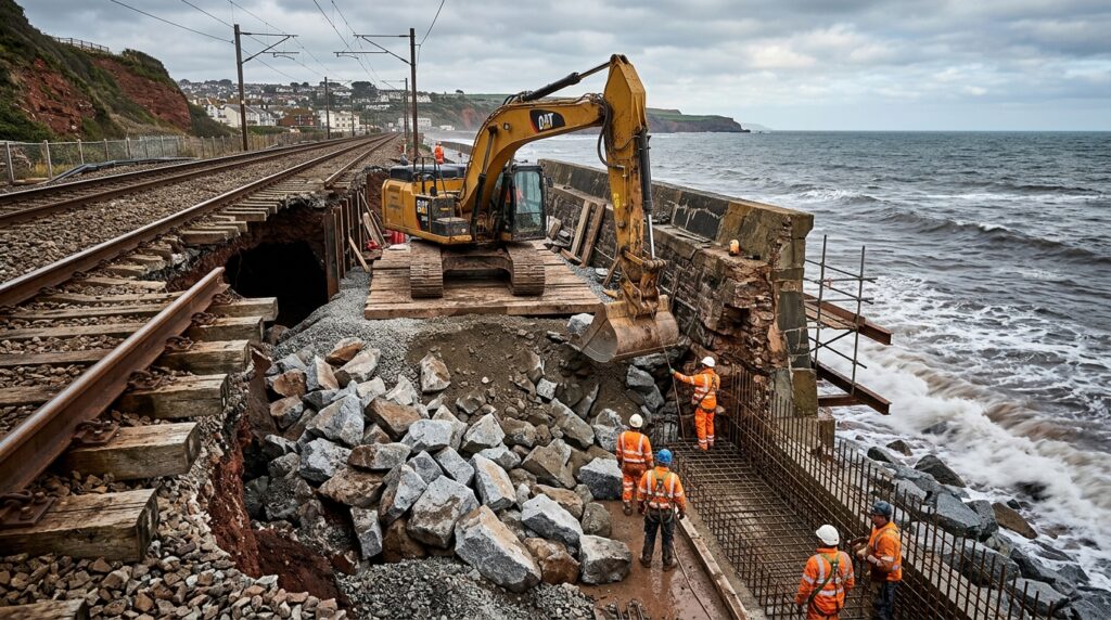 Escavadeira recompõe a base da ferrovia de Dawlish ao lado do mar durante a reconstrução.