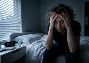 Adulto sentado na beirada da cama com a cabeça apoiada nas mãos em sinal de cansaço sob luz matinal de persianas no quarto