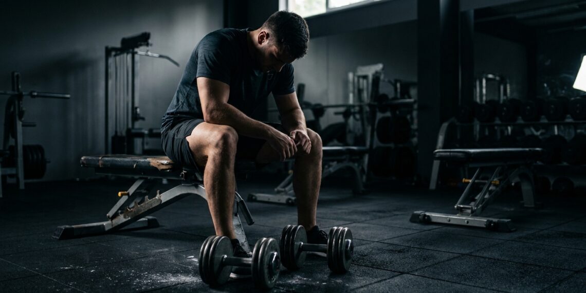 Praticante de musculação sentado em um banco de academia com expressão cansada e reflexiva após o treino