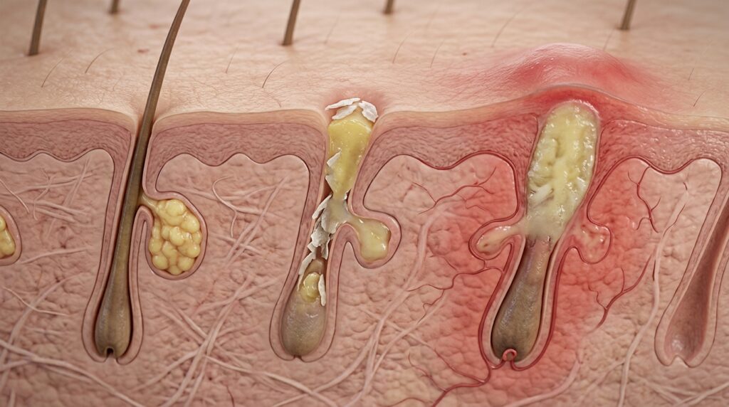 Corte da pele mostra folículo piloso, glândula sebácea, acúmulo de sebo e formação de uma lesão inflamatória de acne.