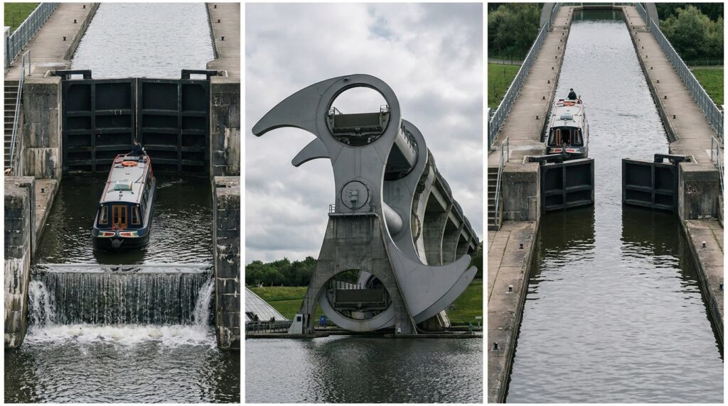 Sequência em três painéis mostrando entrada do barco na gôndola, giro de 180 graus e saída no aqueduto superior da Falkirk Wheel