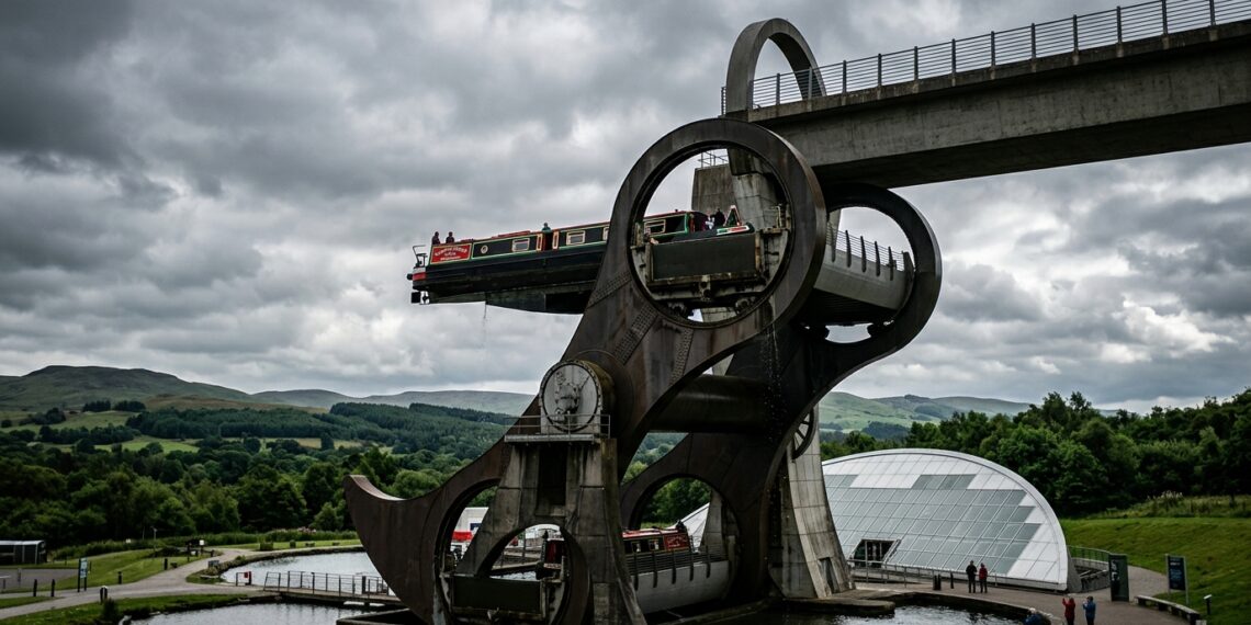 Roda de aço do Falkirk Wheel erguendo barco em gôndola de água a 24 metros sobre canal na Escócia