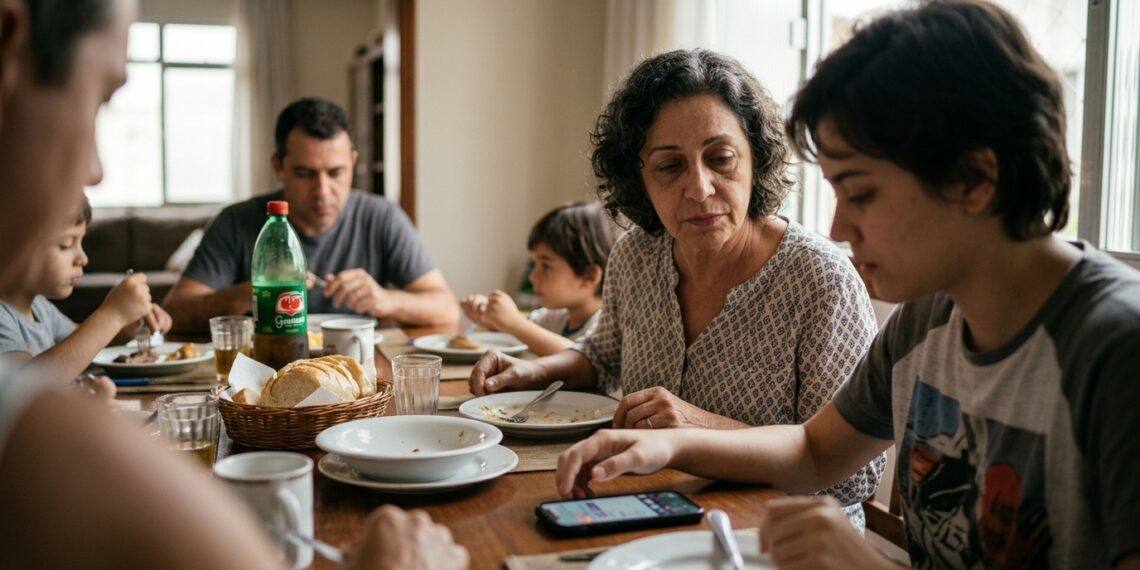 Mulher mais velha conversa com jovem que olha para o celular durante um encontro presencial.