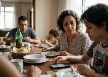 Mulher mais velha conversa com jovem que olha para o celular durante um encontro presencial.