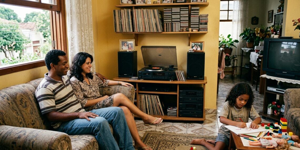 Criança ouve em casa músicas antigas escolhidas pelos pais durante uma tarde em família.