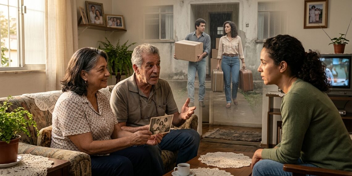 Pais idosos contam uma história da juventude à filha adulta enquanto uma lembrança familiar é representada ao fundo.