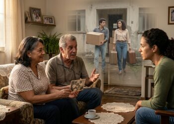 Pais idosos contam uma história da juventude à filha adulta enquanto uma lembrança familiar é representada ao fundo.