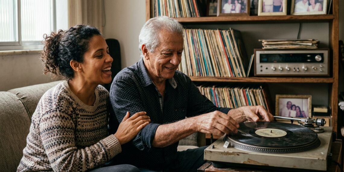 Pai e filha adulta ouvem juntos um disco antigo que faz parte do repertório musical da família.