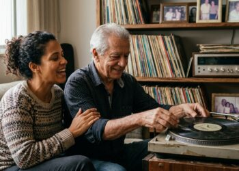 Pai e filha adulta ouvem juntos um disco antigo que faz parte do repertório musical da família.