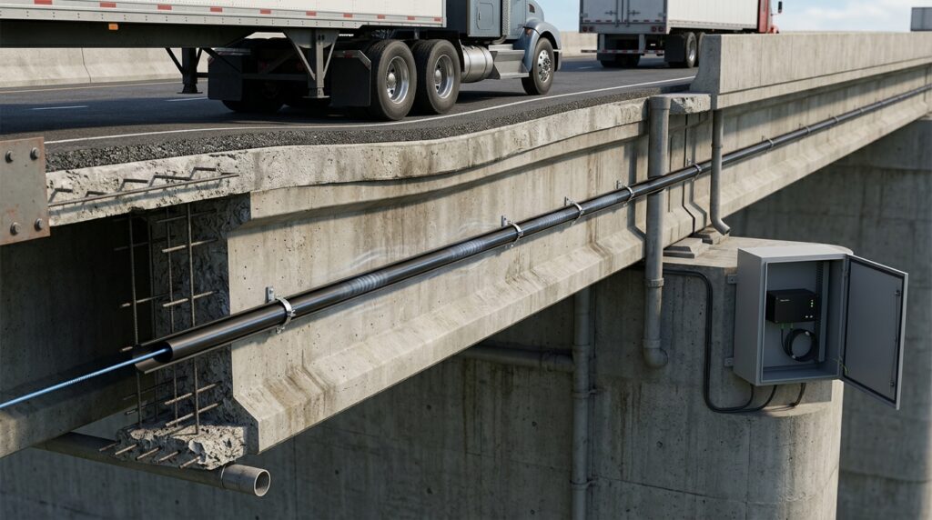 Cabo de fibra óptica acompanha toda a extensão de uma ponte e permite obter medições distribuídas da resposta estrutural.