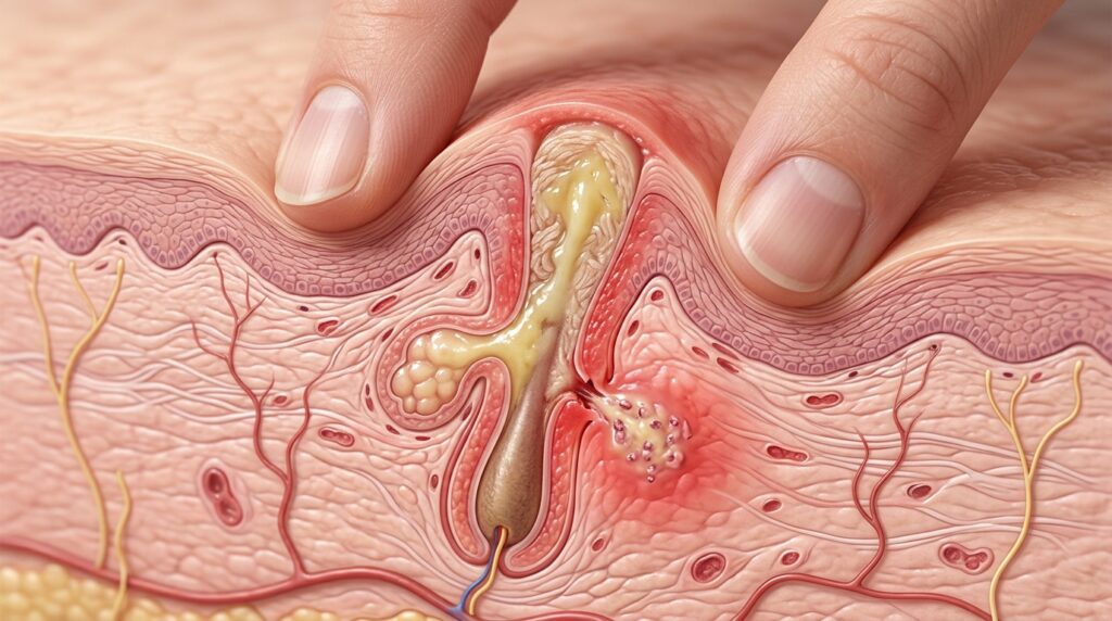 Corte da pele representa pressão dos dedos sobre um folículo inflamado por acne e o trauma nos tecidos ao redor.