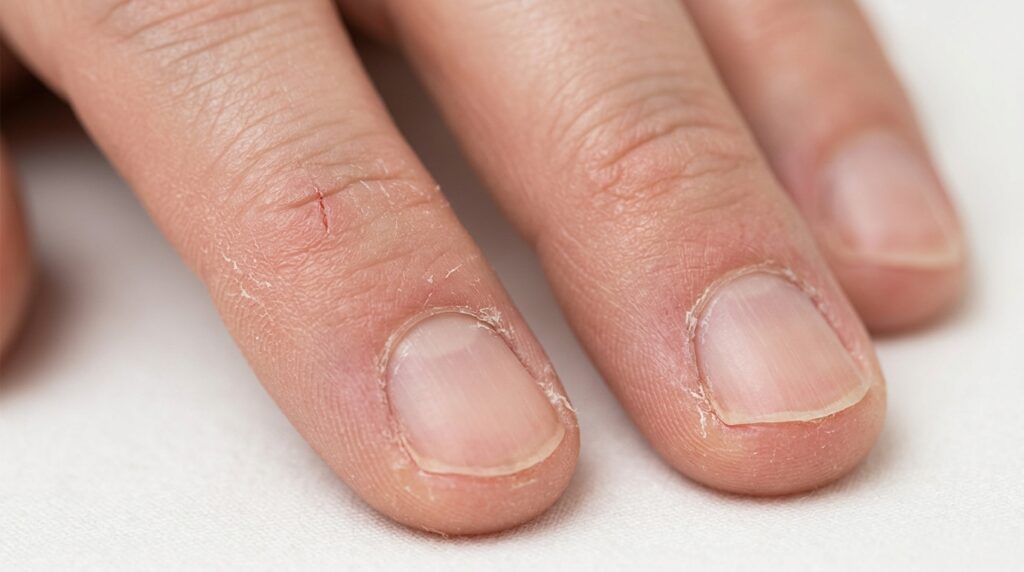 Close das unhas mostra cutículas ressecadas, descamação ao redor dos dedos e pequena fissura na pele.