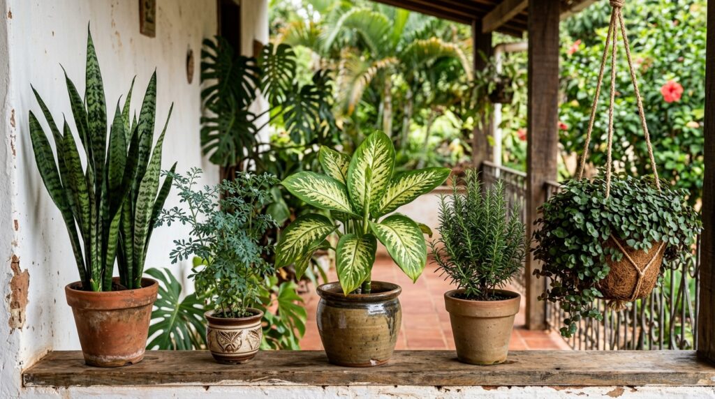 Cinco plantas tradicionais de quintal aparecem em vasos na entrada de uma casa brasileira cuidada por uma mulher mais velha.