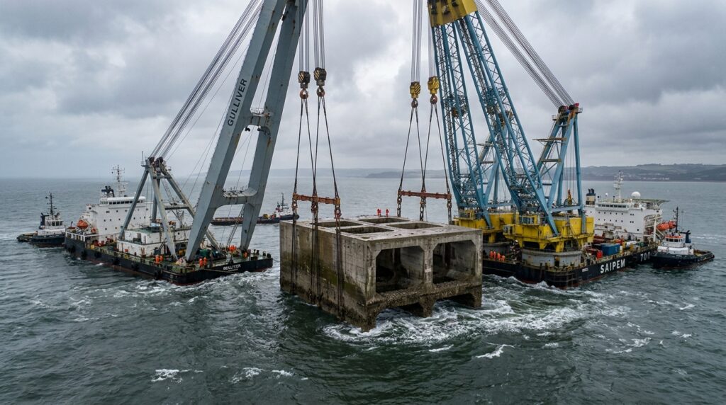 Duas gruas flutuantes baixam estrutura de 5.000 toneladas no mar.